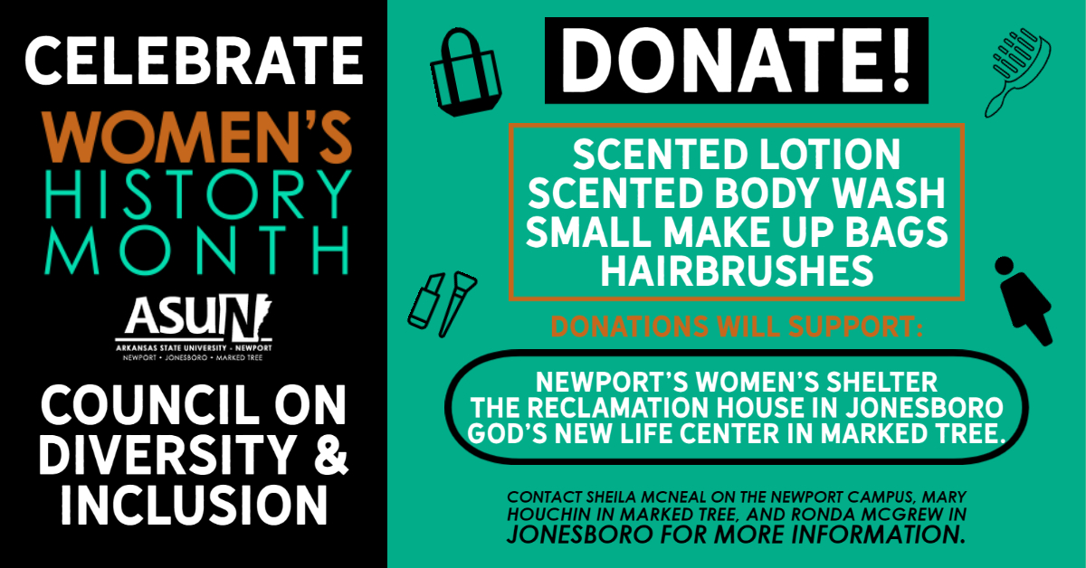 This flyer details how to donate to local women's shelters for Women's History Month. 