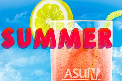 Summer image of glass of tea and lime with ASUN logo on glass.